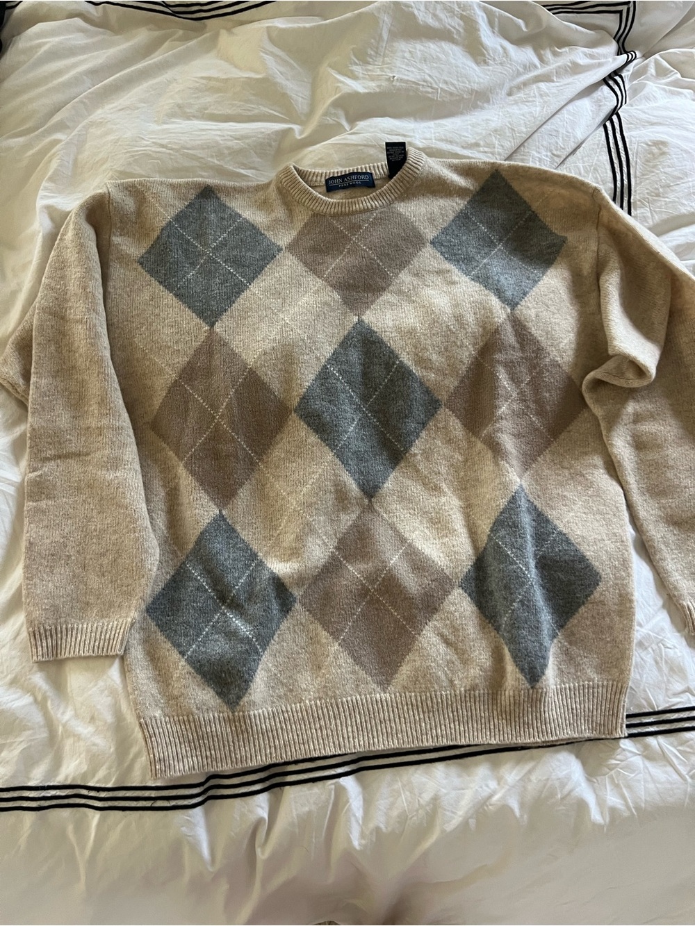 Men's Argyle Crewneck Sweater in Beige and Gray